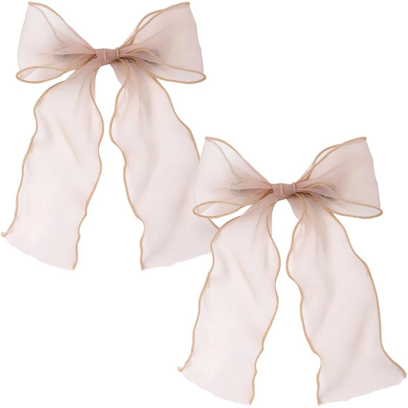 STSTR 2Pcs Large Hair Bow Clips, Champagne Silk Yarn Ribbon Bow Hair Barrette for Women, Elegant Long Tail Bowknot French Hair Accessories for Wedding, Parties, Festivals - Style 4 - Image 1
